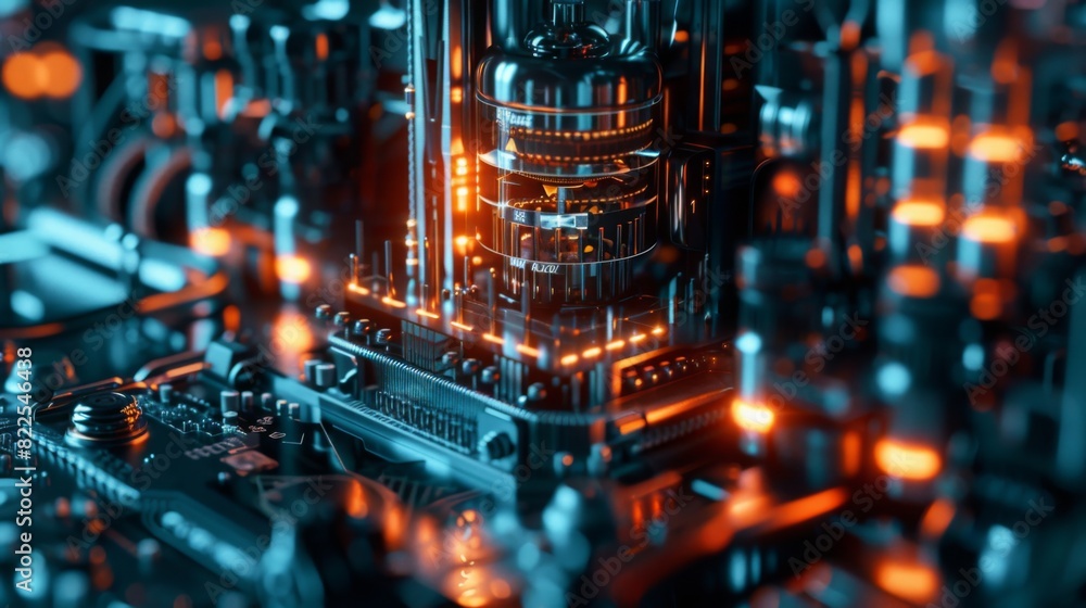 Poster a detailed close-up view of an illuminated computer circuit board with glowing components, highlight
