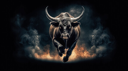 An aggressive black bull charges towards the camera against a dark background, capturing the intensity and power of this majestic animal.