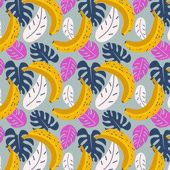 Tropical leaves and bananas seamless pattern. Bright abstract jungle monstera leaves and yellow pink fruits repeat on blue. Summer vector background design for print, decoration, fabric, card.