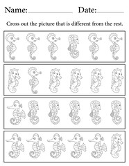 Seahorse Puzzle. Printable Activity Page for Kids. Educational Resources for School for Kids. Kids Activity Worksheet. Find the Different Object