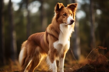 Elegant brown and white dog standing in a sunlit forest during autumn