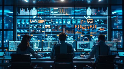 A team of engineers in a control room, surrounded by screens displaying AI-driven data for urban predictive maintenance, ensuring the smooth functioning of city systems