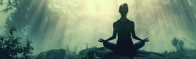 Person sitting in a lotus position. Meditating concept background. Banner