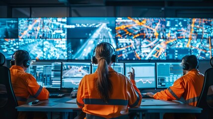 A team of engineers in a control room, surrounded by screens displaying AI-driven data for urban predictive maintenance, ensuring the smooth functioning of city systems