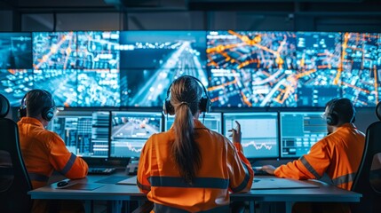 A team of engineers in a control room, surrounded by screens displaying AI-driven data for urban predictive maintenance, ensuring the smooth functioning of city systems