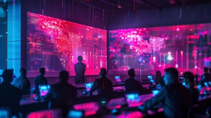 A cybersecurity summit setting with experts discussing strategies, holographic data displays illustrating complex security frameworks and threat analyses