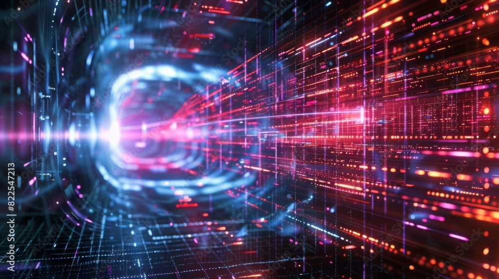 Poster a mesmerizing digital tunnel featuring bright, glowing lines and intricate codes, representing advan