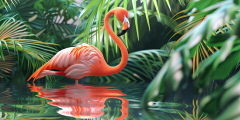 A vibrant pink flamingo stands tall amidst the lush greenery, reflecting on its tropical surroundings.
