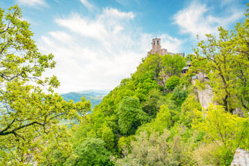 San Marino city view. Fortress on the rock. San Marino landmark. Italy.