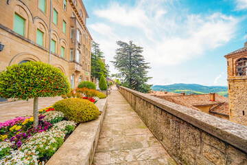 San Marino city view. Fortress on the rock. San Marino landmark. Italy. Narrow street in the old...