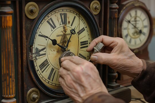 Antique clock repair close-up