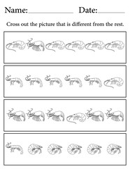 Shrimp Puzzle. Printable Activity Page for Kids. Educational Resources for School for Kids. Kids Activity Worksheet. Find the Different Object