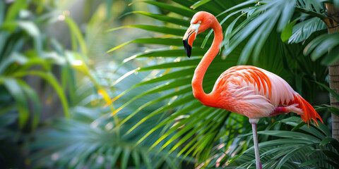 Fototapeta premium A vibrant pink flamingo perched amongst verdant foliage, its image gracefully reflected on a crystalline pool, creating a captivating natural mirror.
