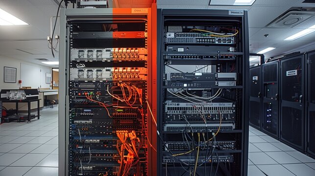 A before-and-after comparison showing the transition from outdated network equipment to advanced, fortified technologies ensuring robust security