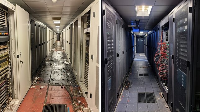 A before-and-after comparison showing the transition from outdated network equipment to advanced, fortified technologies ensuring robust security