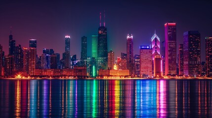 A nighttime cityscape illuminated with rainbow-colored lights on buildings, highlighting the celebration of LGBTQ pridd