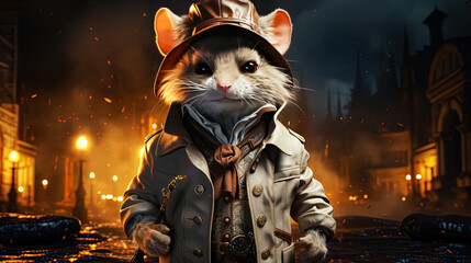 A detective mouse in a trench coat on the street. Conceptual image of a small investigator solving mysteries in the city.