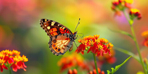 Obraz premium Nature's Canvas: A vibrant butterfly gracefully glides above a bed of colorful flowers, its wings reflecting the radiant hues below. In the background, a serene meadow stretches out