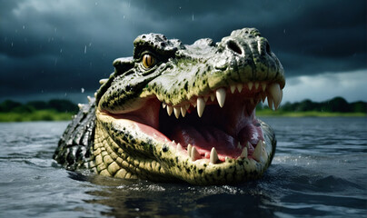 Obraz premium An angry crocodile leaps out of murky water, against a dark rainy sky