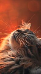 Naklejka premium A cozy scene of a fluffy cat, caught mid-lick, grooming its fur against a soft, orange-hued backdrop, highlighting the warmth of the moment.