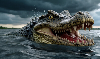 Obraz premium An angry crocodile leaps out of murky water, against a dark rainy sky