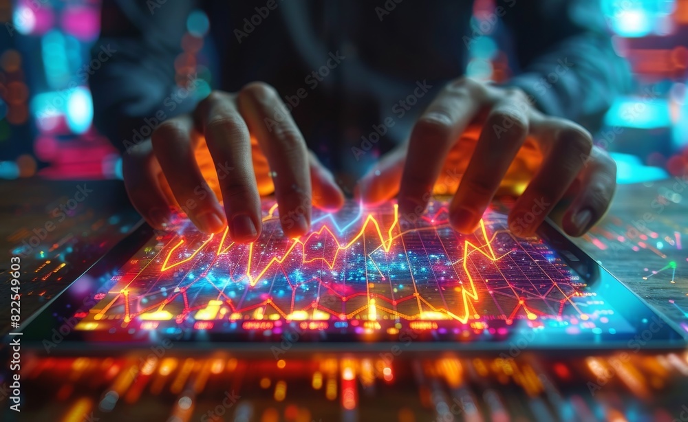 Poster businessman analyzing data on tablet with glowing growth graph in futuristic setting