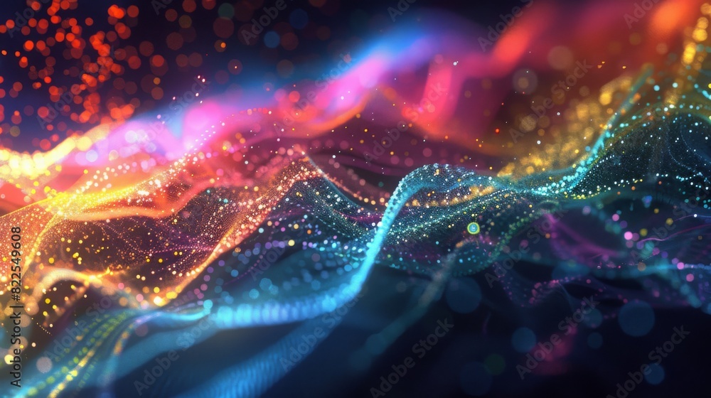 Poster Colorful, abstract waves of light form dynamic patterns against a dark backdrop, creating a mesmerizing digital effect. Quantum Computers concept