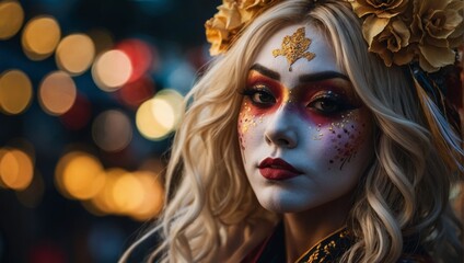 Obraz premium Portrait of Blonde Woman in Japanese Anime Manga-inspired Costume Party Makeup, Fantasy Makeup for Carnival.