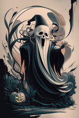 Spooky Halloween Ghost Illustration with Jack,O',Lantern for Halloween Decorations and Posters