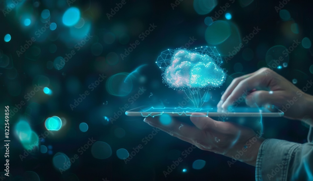 Poster businessman holding tablet with holographic cloud computing interface in a futuristic setting