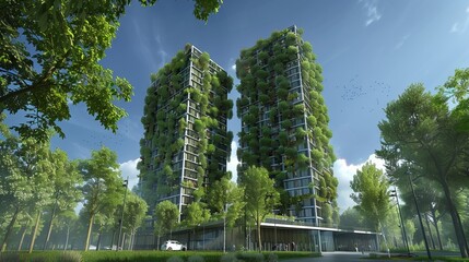 A visualization of a twin green building project using BIM, highlighting sustainable design features and energy efficiency