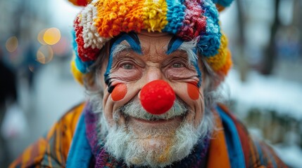 A close-up portrait of an old man wearing a colorful clown mask, with a smile that creates an intriguing and playful expression