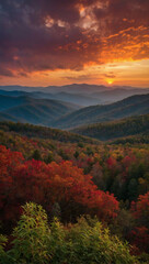 Fiery sunset casting hues over the Smoky Mountains.