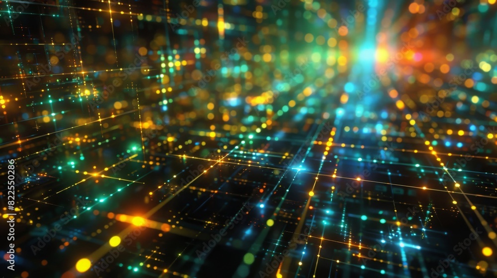 Poster vibrant neon lights form a digital matrix pattern in cyberspace at night. the glowing network of gri
