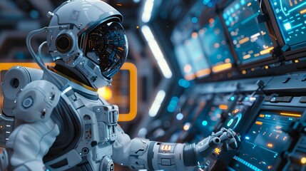 A futuristic astronaut interacting with a high-tech robot inside a sleek spaceship, surrounded by advanced technology