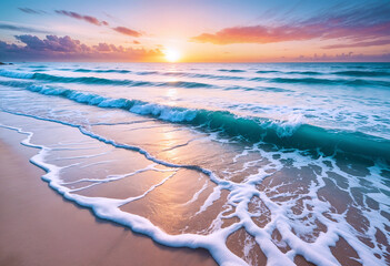 Soft Wave Of Blue Ocean On Beach During Sunrise. Selective focus