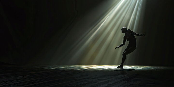 The Ethereal Ballet: A solo dancer gracefully glides across a dimly lit stage, their sculpted form illuminated by a solitary spotlight, embodying an elegant dance of movement and emotion.
