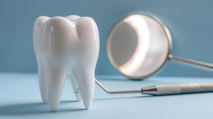 Tooth Background. Big White Tooth and Dentist Mirror in Clinic Isolated on White Background