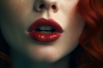 Obraz premium Detailed close-up of a woman with vivid red hair and matching lipstick, emphasizing beauty and elegance