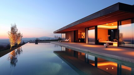An elegant modern house featuring a minimalist design, with a serene reflective pool illuminated by soft evening lights