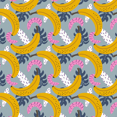 Tropical leaves and bananas seamless pattern. Bright abstract jungle monstera leaves and yellow pink fruits on blue. Summer vector background design for print, decoration, fabric, card.