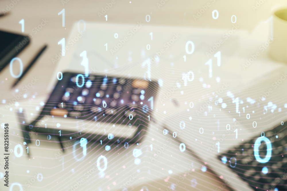 Fototapete abstract virtual binary code hologram on blurry calculator and computer background, ai and machine l