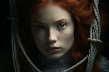 Close-up portrait of a woman with fiery red hair entwined in ropes, evoking a powerful stare