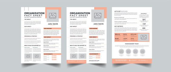 Nonprofit Organization Fact Sheet layout design template with 3 style design concept