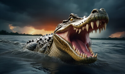 Obraz premium An angry crocodile leaps out of murky water, against a dark rainy sky
