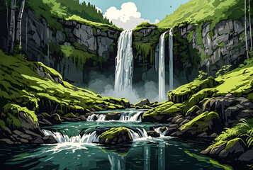A majestic waterfall cascading down moss-covered rocks in a lush mountain gorge vector art...