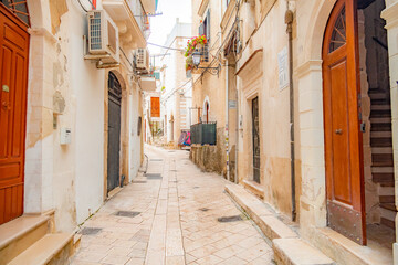 Beautiful old town of Vieste, Gargano peninsula, Apulia region, South of Italy. City sapce