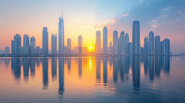 A city skyline dominated by modern skyscrapers, with a clear sky providing a stunning backdrop for the architectural marvels