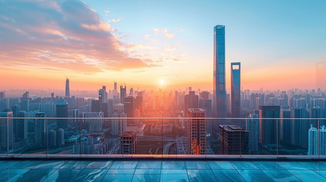 A city skyline dominated by modern skyscrapers, with a clear sky providing a stunning backdrop for the architectural marvels