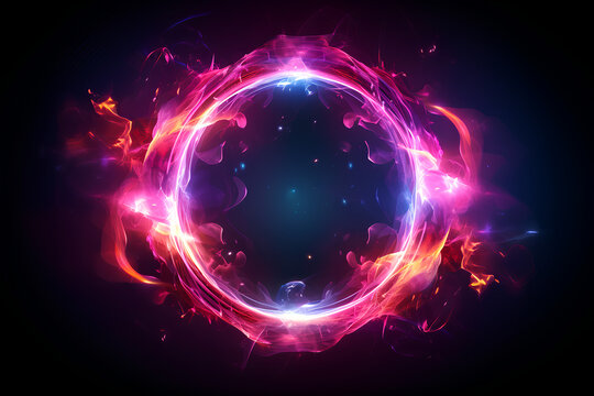 Abstract neon energy sphere of particles and waves of magical glowing on a dark background, circle and loop frames with magic purple and pink flame and sparks isolated on transparent
